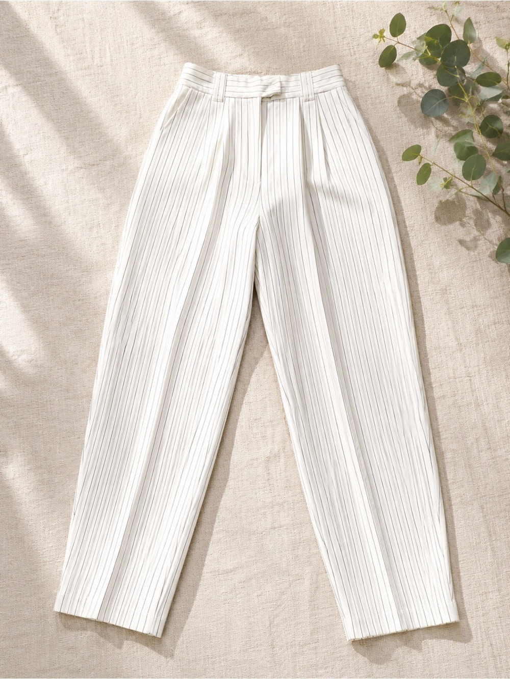Ted Baker London NWT Pleated Ivory Pinstripe Barrel Leg Trousers • Minimalist